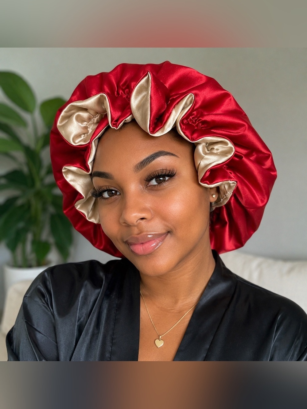 Elegant Red and beige silk Women's bonnet